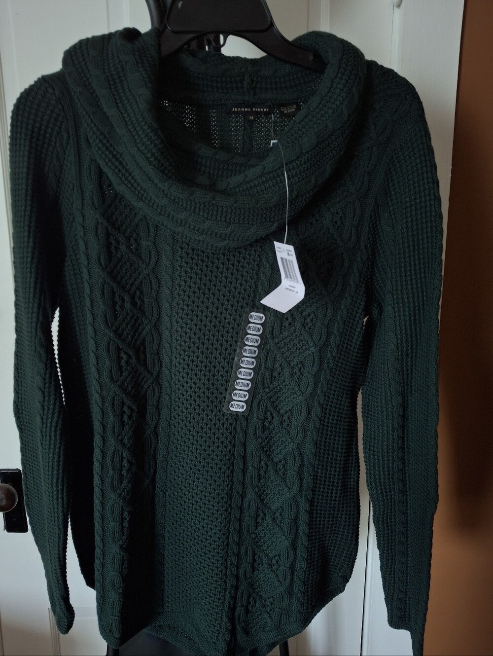 Jeanne Pierre Cable-Knit Cowl Neck Sweater - Dark Green NWT